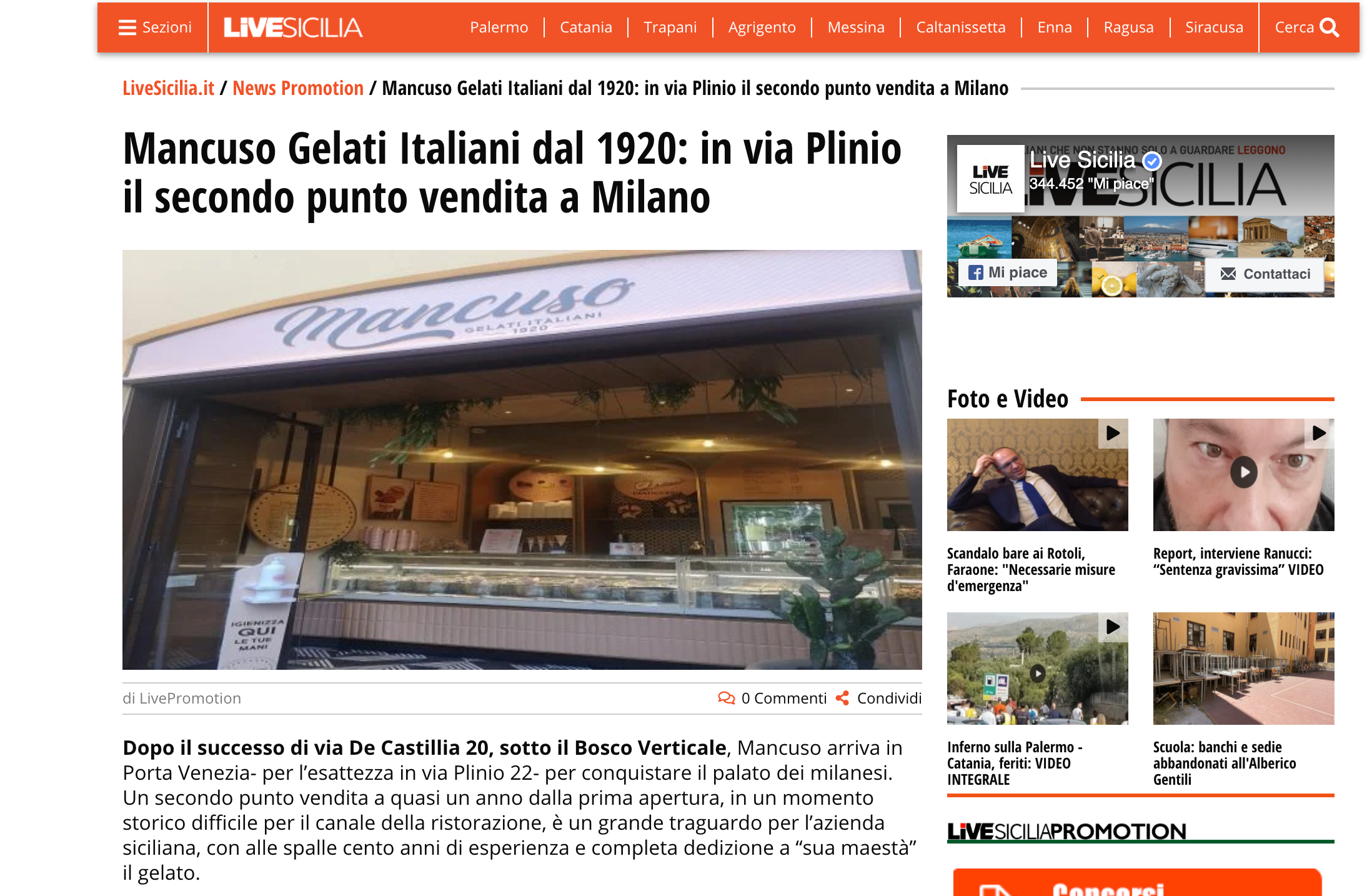 LiveSicilia parla della nuova apertura di Mancuso Gelati Italiani dal 1920: in via Plinio il secondo punto vendita a Milano